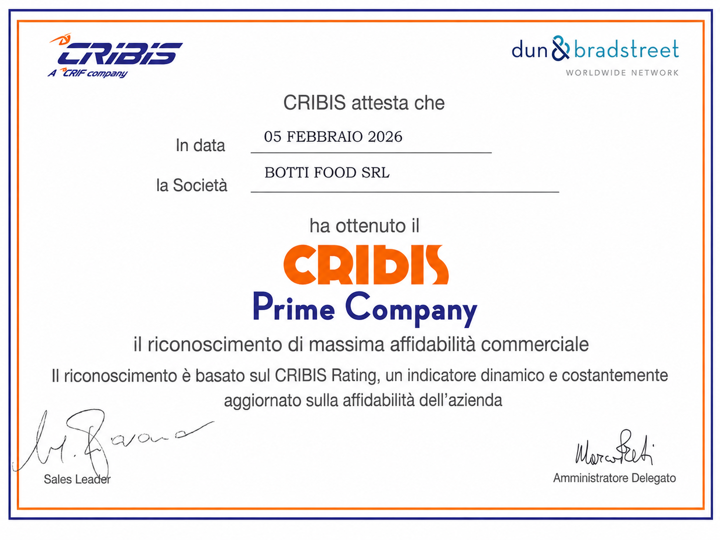 Home certificato cribis prime company